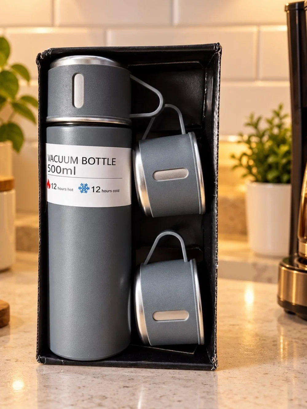 Yeiuiefi vacuum Flask Set - Gray Bottle Set with Cups - 500ml non Breakable.